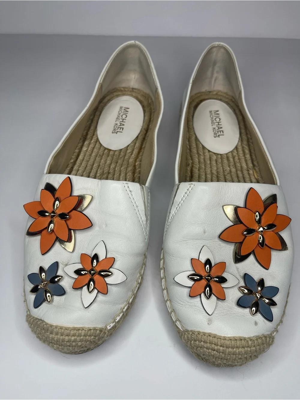 Michael Kors Heidi White Leather Slip-On Espadrille with Floral Accents size 36